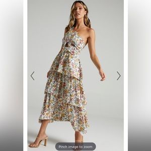 SHOWPO, CARO ONE SHOULDER TIERED MINI DRESS IN MULTI FLORAL